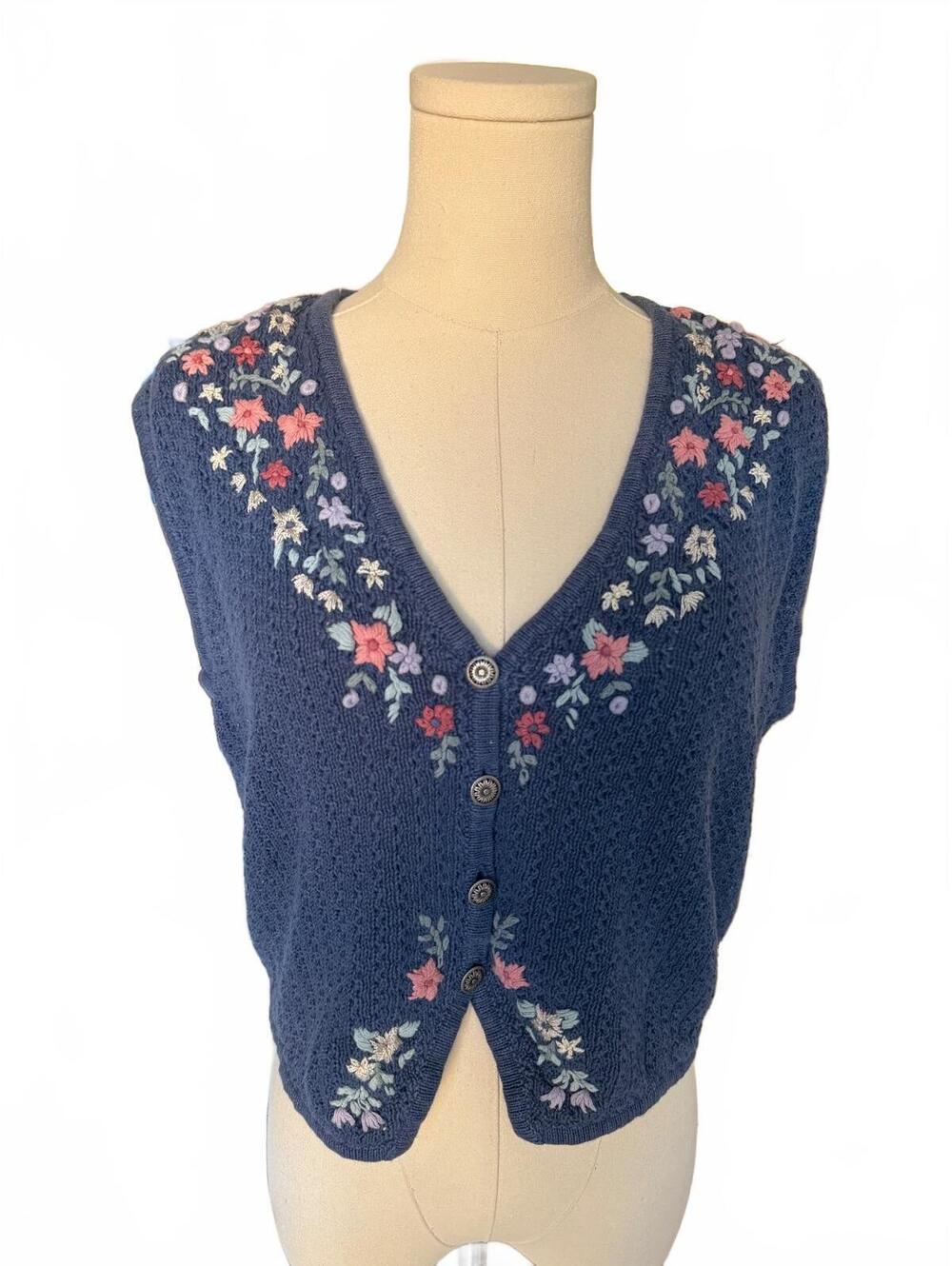 Vintage Navy Blue Sleeveless Knit Vest with Floral Embroidery
